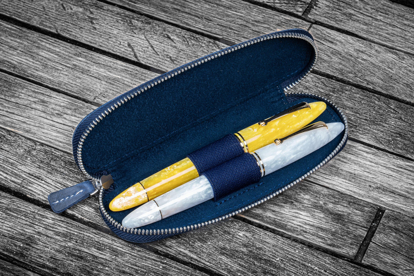 Galen Leather 2 Pen Duo Slim Zippered Pen Case - Crazy Horse Navy Blue