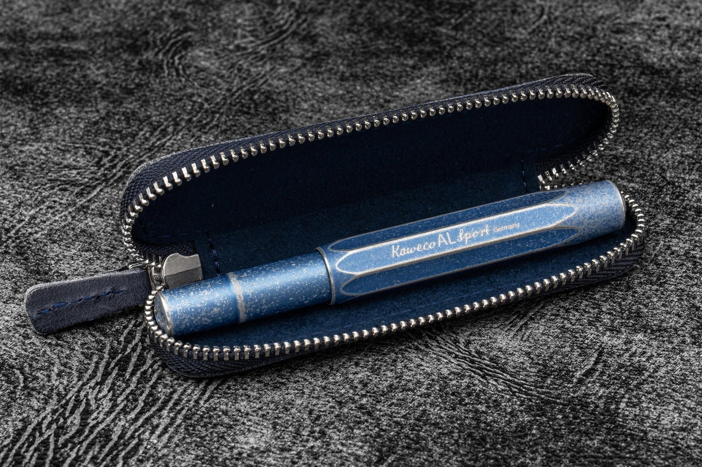 Galen Leather Single Zippered Pen Case for Kaweco Pocket Pen - Crazy Horse Navy Blue