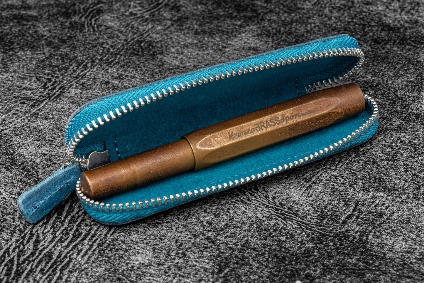 Galen Leather Single Zippered Pen Case for Kaweco Pocket Pen - Crazy Horse Ocean Blue