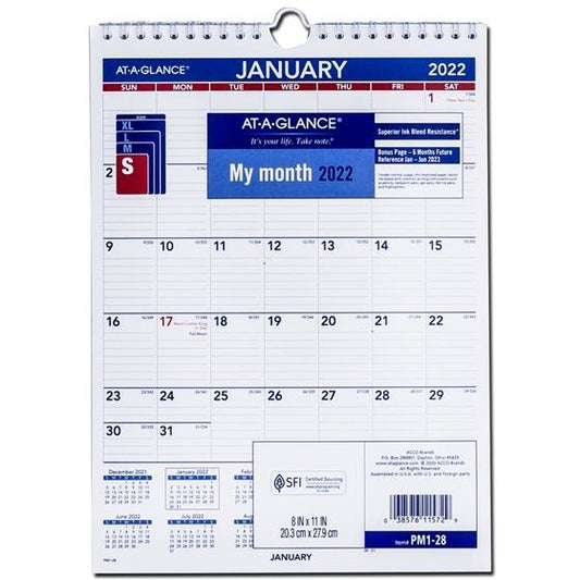 At-A-Glance 2025 Monthly Wall Calendar Blue and Red - 8" x 11"